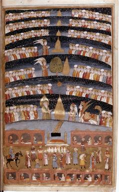 Historische Darstellung des Paradieses im Islam mit sieben übereinander geschichteten Himmelsetagen über der Kaaba in Mekka.